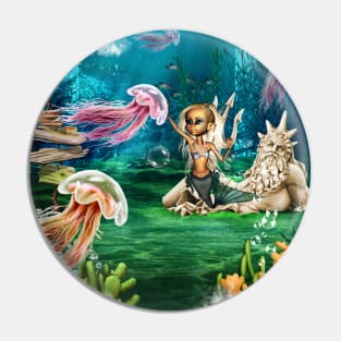 Cute playing mermaid with a wonderful jellyfish Pin