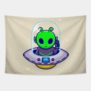 Cute Alien With Peace Hand In Spaceship UFO Cartoon Tapestry