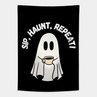 Sip, Haunt, Repeat! Halloween, cute ghost drinking coffee Tapestry