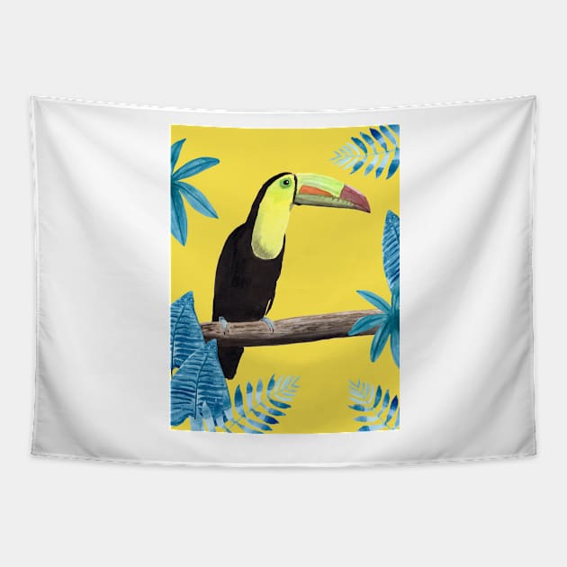 Toucan with tropical leaves and a yellow background Tapestry by Sandraartist