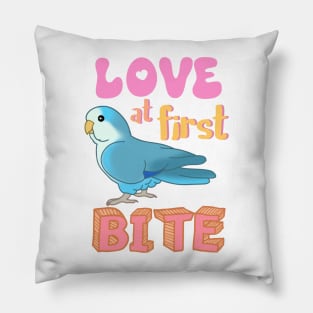 Love at first bite Blue Quaker Funny Birb merch Parrot Kawaii Pillow