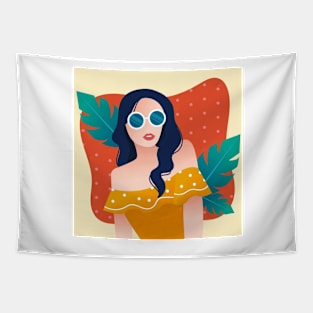 Girl with Wavy Hair and Glasses Tapestry