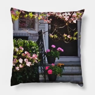 Pink Dogwood and Pots of Geraniums Pillow