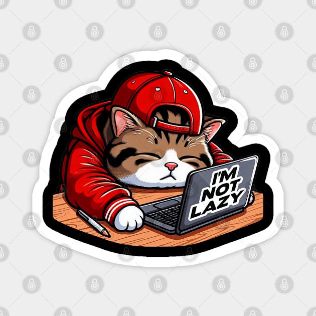 I'm Not Lazy meme Chubby Tabby Cat Take A Nap Laptop Magnet by Plushism