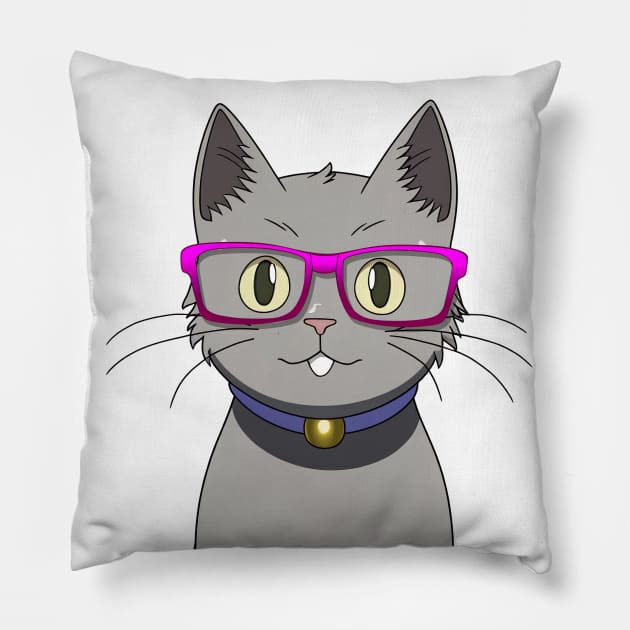 Cute Grey Cat with Nerdy Pink Glasses - Anime Wallpaper Pillow by KAIGAME Art