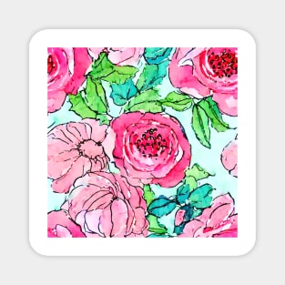 Watercolor roses and peonies on turquoise Magnet