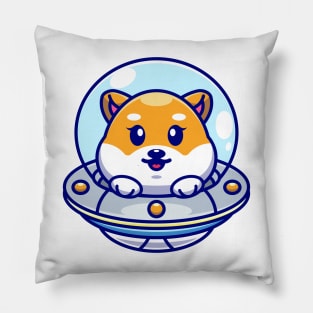 Cute shiba inu dog flying with spaceship ufo cartoon Pillow