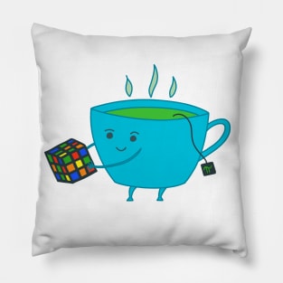 A Cup of Tea Solves Everything - cute blue tea cup with Rubik cube Pillow
