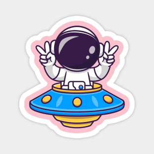 Cute Astronaut Riding UFO With Peace Sign Cartoon Magnet