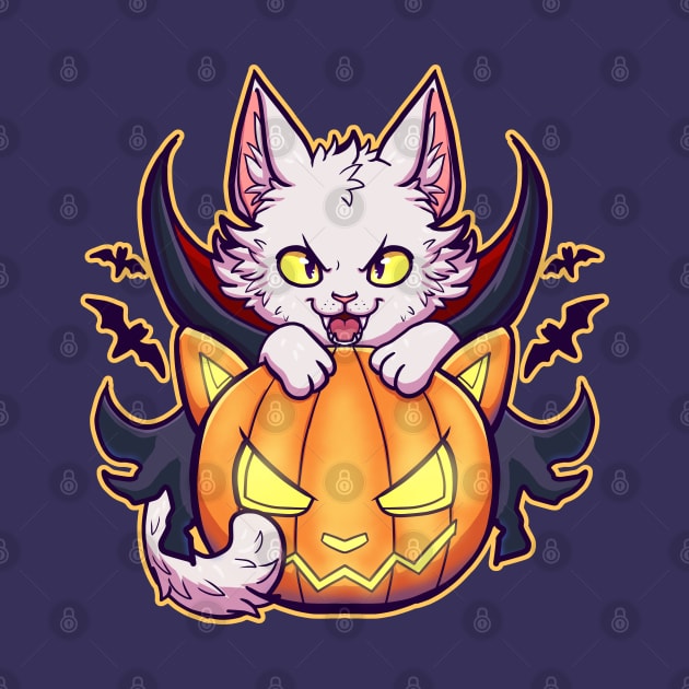 cute white cat wearing dracula costume with a halloween pumpkin by ISAGU ART STORE