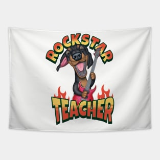 Cute Doxie Dog on a Rockstar Teacher Dachshund tee Tapestry