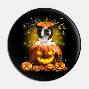 Black Boston Terrier Spooky Halloween Pumpkin Dog Head Pin