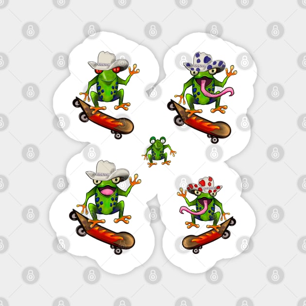 Frog 5 pack Kawaii Froggy Skateboarding Cute Frog in Texas cowboy hat Funny toad toads amphibian tadpole Green Red eyed tree frogs rain forest Lizard dragon zoology gift frog Magnet by Artonmytee