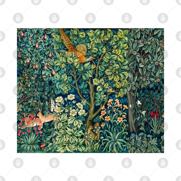 GREENERY,FOREST ANIMALS Pheasant on Tree,Squirrel,Hares,Blue Green Floral Tapestry by BulganLumini