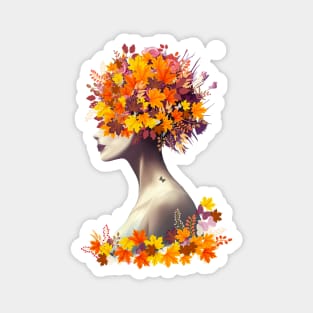 Floral lady, cute girl with autumn leaves, berries and butterflies, autumn is coming Magnet