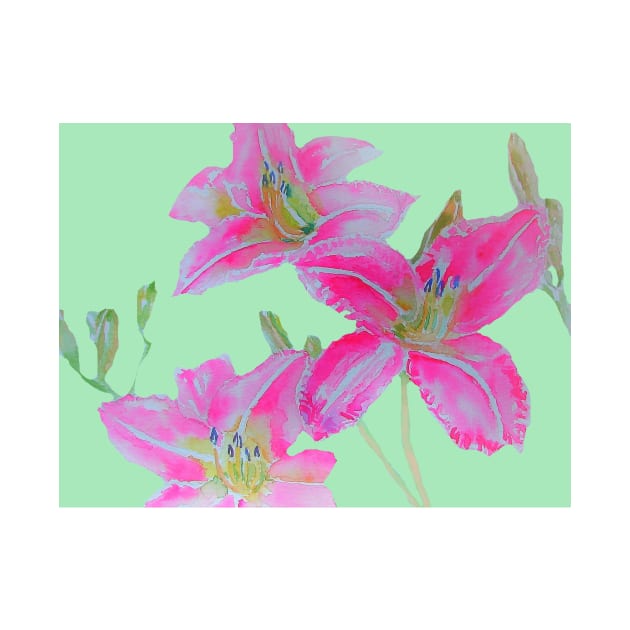 Pink Lily Flowers floral Watercolor Painting Mint Green by SarahRajkotwala