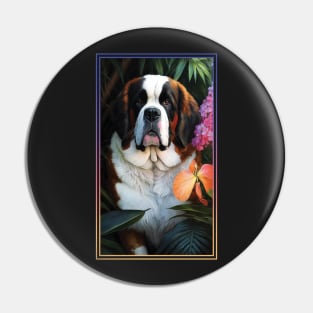 Saint Bernard Dog Vibrant Tropical Flower Tall Digital Oil Painting Portrait Pin