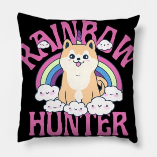 Shiba Inu Unicorn Kawaii Illustration With Rainbow And Cloud Pillow