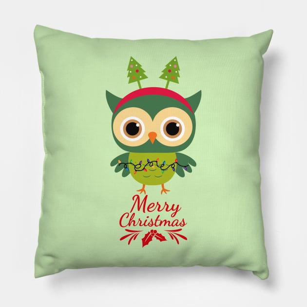 Cute Green Christmas Owl Pillow by FoxyChroma