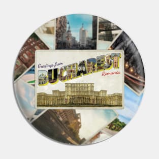 Greetings from Bucharest in Romania Vintage style retro souvenir Pin