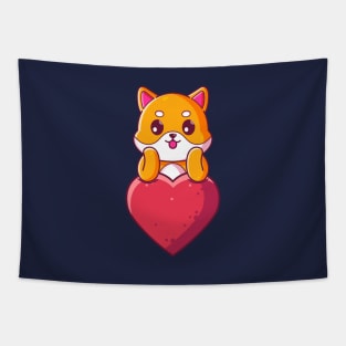 Cute dog shiba inu with big love. Gift for valentine's day with cute animal character illustration. Tapestry