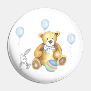 Teddy Bear with rabbit and balloons Pin