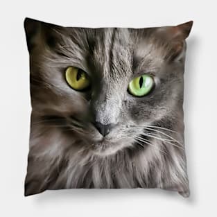 Green Eyes Grey Fur Pillow