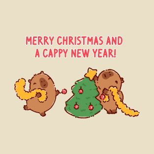 Cute capybaras decorating a christmas tree, getting ready for holidays T-Shirt