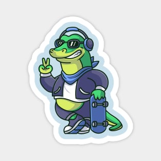 Cute Cool Crocodile With Skateboard And Wearing  Headphone Cartoon Magnet