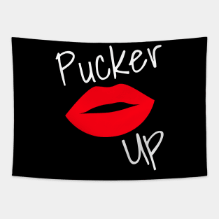 Pucker Up. Kiss Me. Hot Lips. Funny Fashion and Makeup Quote. White and Red Tapestry