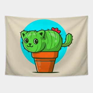 Cute Cat Cactus Cartoon Illustration Tapestry