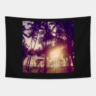 sunset at the beach under the palm trees Tapestry