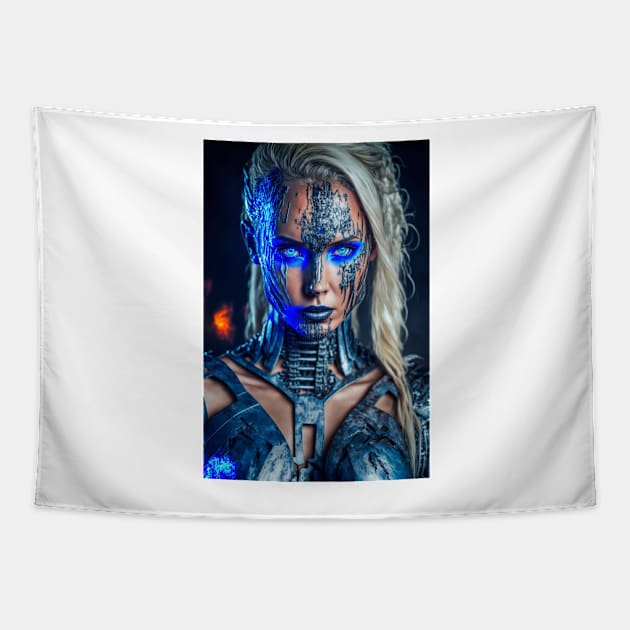 Cybernetic Beautiful Woman in Blue Tapestry by AICreateWorlds