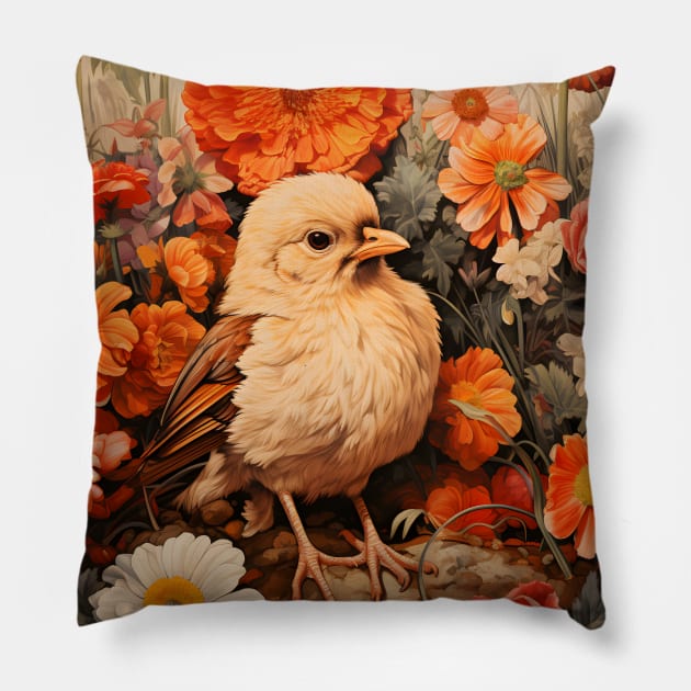 Retro Vintage Art Style Baby Chick surrounded in by Flowers - Whimsical Nature Design Pillow by The Whimsical Homestead