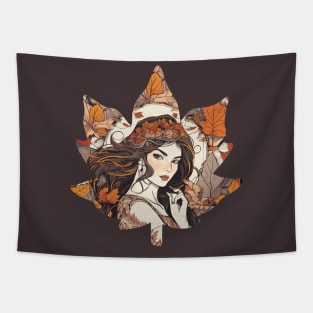 Autumn girl in maple leaf beautiful design Tapestry