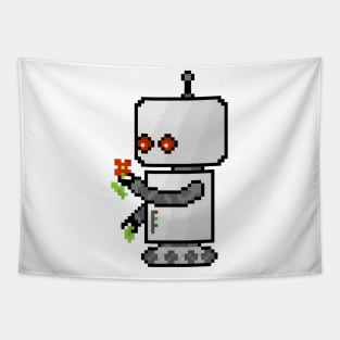 Robot pixel art, looking at a flower (Clear BG) Tapestry