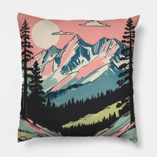 Nature Small Clouds Round Sun Visible In The Sky Mountains And Pine Trees Pillow