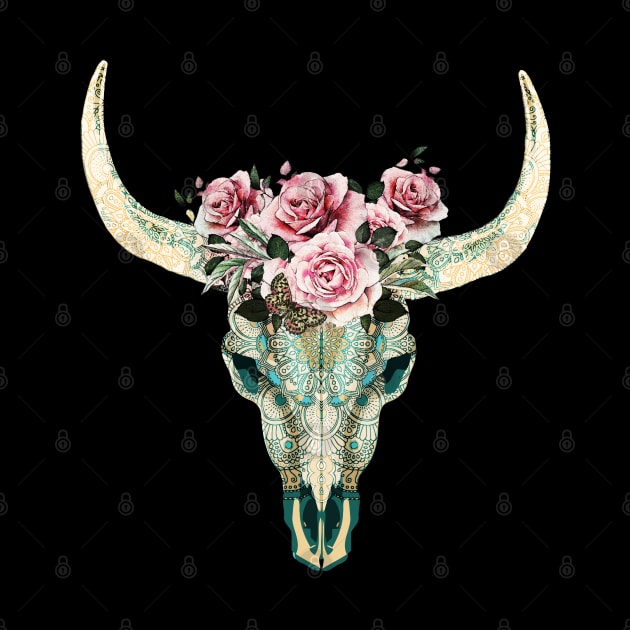 Cow Skull and floral roses crown, boho, bull skull, watercolor style and mandala decorations by Collagedream