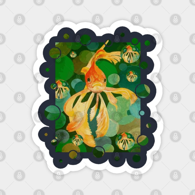 Cute Goldfish Swimming In Green Colored Sea Magnet by taiche