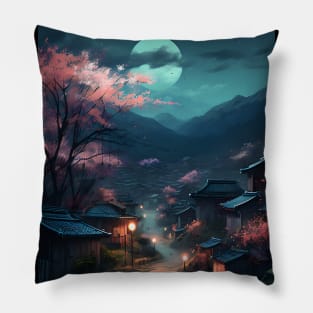 Serene Japanese Village with Cherry Blossoms under the Moonlight Painting Pillow