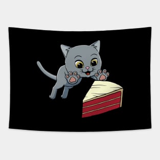 British Shorthair Cat excited to eat Red Velvet Cake Tapestry