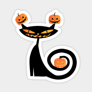 Halloween Witch Black Cat Playing with Happy Pumpkin Magnet