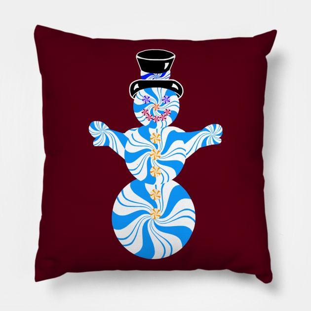 Blue Peppermint Holiday Snowman Pillow by Art by Deborah Camp