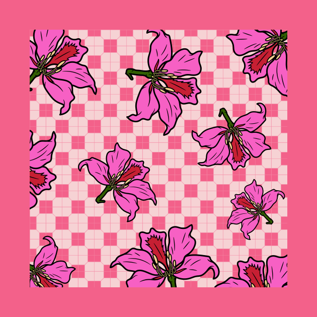 Hong Kong Bauhinia with Baby Pink Tile Floor Pattern - Summer Flower Pattern by CRAFTY BITCH