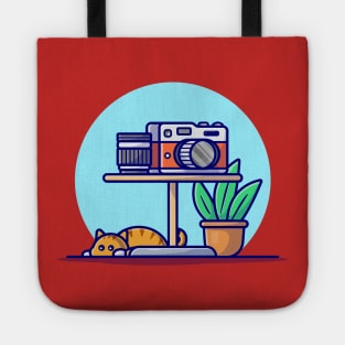 Camera And Lens On the Table With Cat Cartoon Vector Icon Illustration Tote