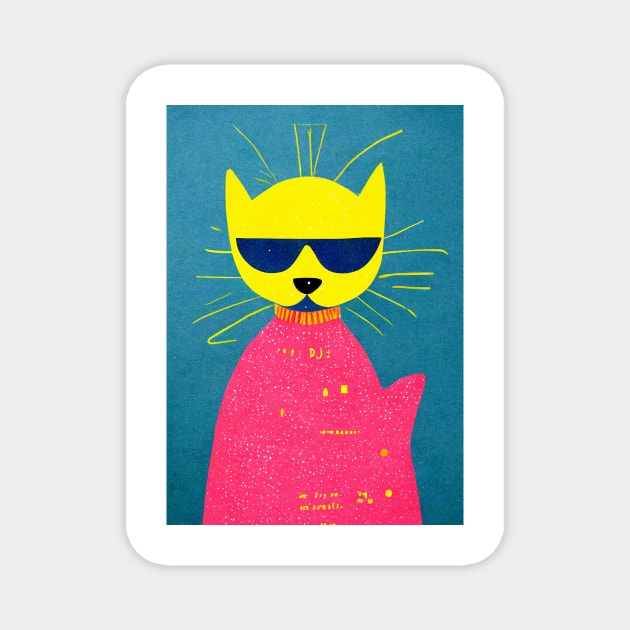 Hangover Mood Cat Retro Poster Vintage Art Cat Wall Turquoise Pink Illustration Magnet by BetterManufaktur