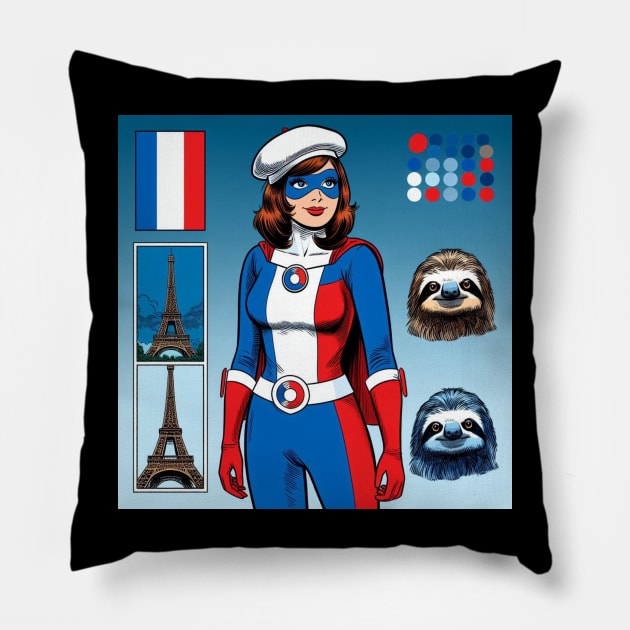 Francais: Female 1960's Comic Book Hero with Sloth Pillow by Woodpile