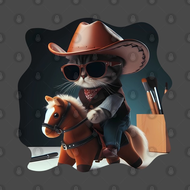 A cat wearing sunglasses and a cowboy hat riding a toy horse by maricetak