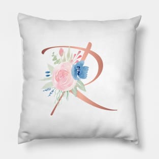 Letter R Rose Gold and Watercolor Blush Pink and Navy Pillow