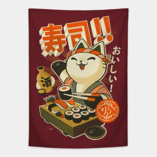 Sushi Chef - Cute Kitchen Kitty - Japanese Restaurant Tapestry